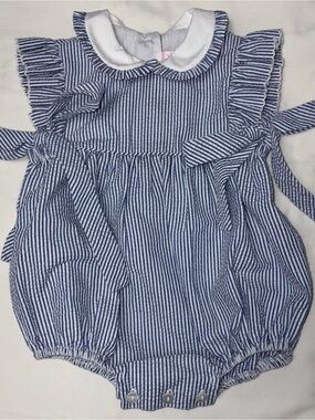 Petite Bebe blue striped bubble with white collar sz 12 months like new
